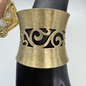Modern Brass Cutout Wide Cuff Bracelet Ornate Scroll Design Statement Jewelry